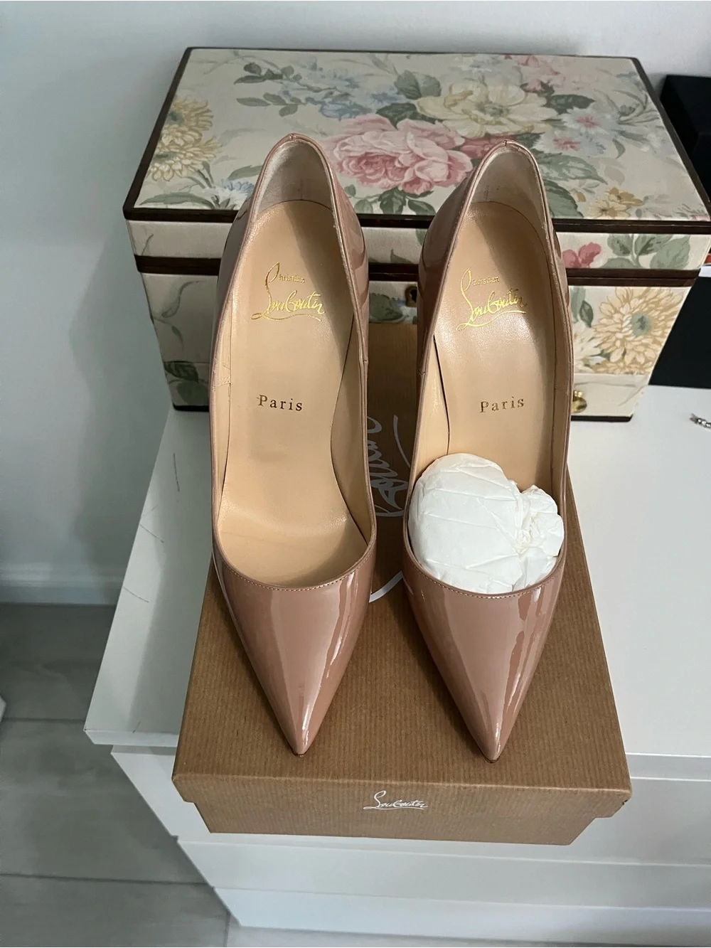 Christian Louboutin Nude Patent Pointed Toe Pumps - Blush with box